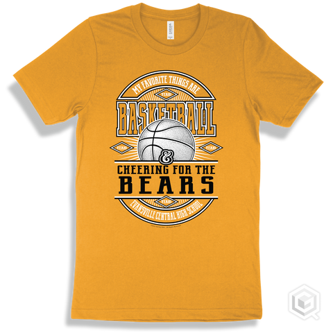 Bear Gold T-shirt - My Favorite Things Are Basketball and Cheering for the Evansville Central High School Bears Design