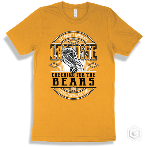 Bear Gold T-shirt - My Favorite Things Are Lacrosse and Cheering for the Evansville Central High School Bears Design