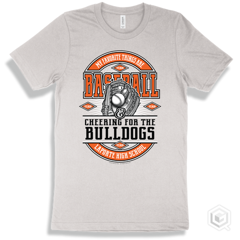 Bulldog White T-shirt - My Favorite Things Are Baseball and Cheering for the Laporte High School Bulldogs Design