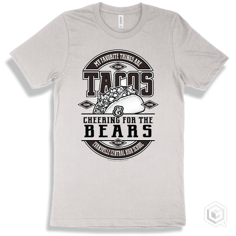 Bear White T-shirt - My Favorite Things Are Tacos and Cheering for the Evansville Central High School Bears Design