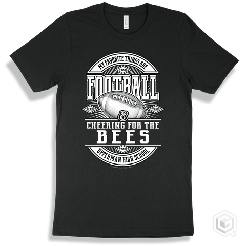 Bee Black T-shirt - My Favorite Things Are Football and Cheering for the Upperman High School Bees Design