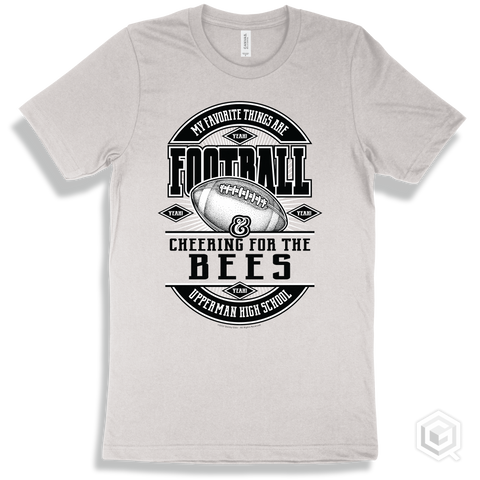 Bee White T-shirt - My Favorite Things Are Football and Cheering for the Upperman High School Bees Design