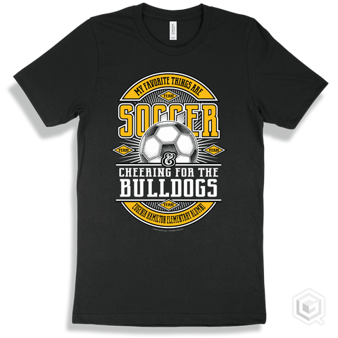 Bulldog Black T-shirt - My Favorite Things Are Soccer and Cheering for the Eugenia Hamilton Elementary Alumni Bulldogs Design