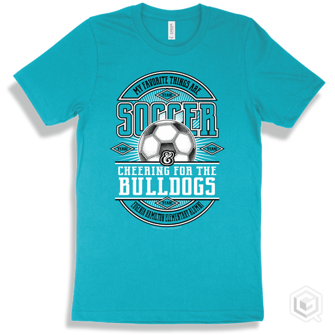 Bulldog Turquoise T-shirt - My Favorite Things Are Soccer and Cheering for the Eugenia Hamilton Elementary Alumni Bulldogs Design