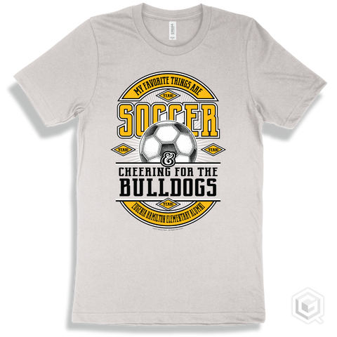 Bulldog White T-shirt - My Favorite Things Are Soccer and Cheering for the Eugenia Hamilton Elementary Alumni Bulldogs Design