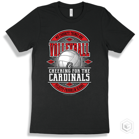 Cardinal Black T-shirt - My Favorite Things Are Volleyball and Cheering for the Felicity-Franklin School Cardinals Design