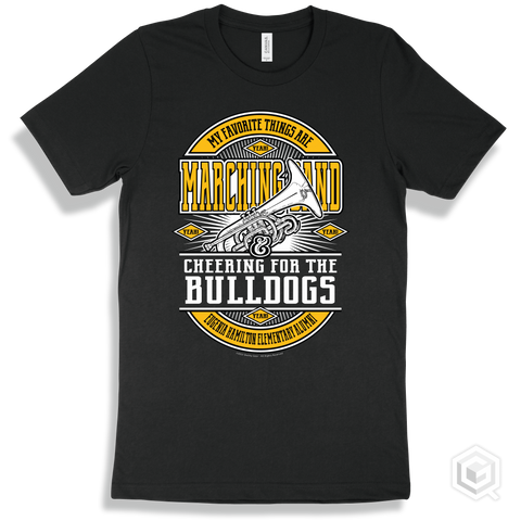 Bulldog Black T-shirt - My Favorite Things Are Marching Band and Cheering for the Eugenia Hamilton Elementary Alumni Bulldogs Design