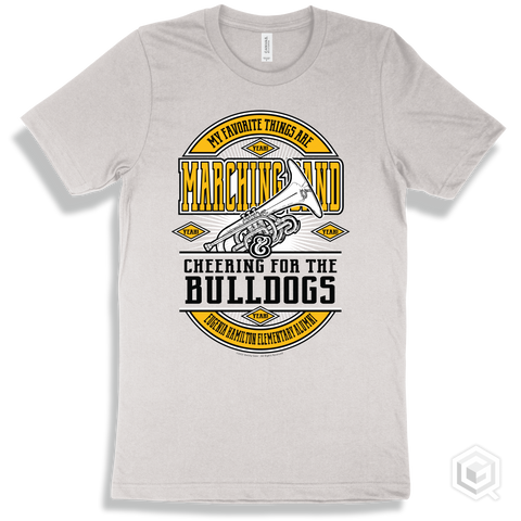 Bulldog White T-shirt - My Favorite Things Are Marching Band and Cheering for the Eugenia Hamilton Elementary Alumni Bulldogs Design