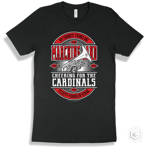 Cardinal Black T-shirt - My Favorite Things Are Marching Band and Cheering for the Felicity-Franklin School Cardinals Design