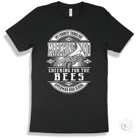 Bee Black T-shirt - My Favorite Things Are Marching Band and Cheering for the Upperman High School Bees Design