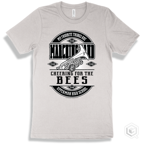 Bee White T-shirt - My Favorite Things Are Marching Band and Cheering for the Upperman High School Bees Design