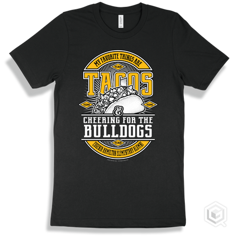 Bulldog Black T-shirt - My Favorite Things Are Tacos and Cheering for the Eugenia Hamilton Elementary Alumni Bulldogs Design