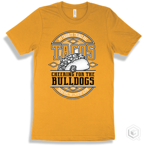 Bulldog Gold T-shirt - My Favorite Things Are Tacos and Cheering for the Eugenia Hamilton Elementary Alumni Bulldogs Design