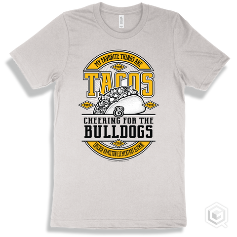 Bulldog White T-shirt - My Favorite Things Are Tacos and Cheering for the Eugenia Hamilton Elementary Alumni Bulldogs Design