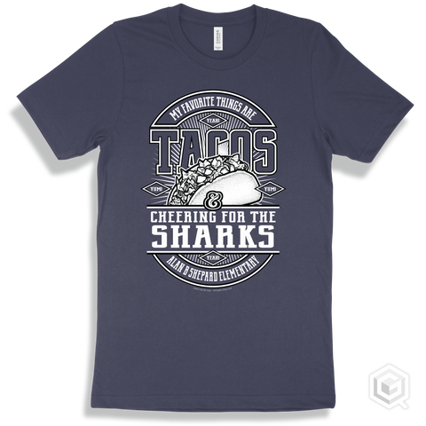 Shark Navy T-shirt - My Favorite Things Are Tacos and Cheering for the Alan B Shepard Elementary Sharks Design