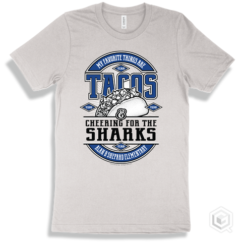 Shark White T-shirt - My Favorite Things Are Tacos and Cheering for the Alan B Shepard Elementary Sharks Design