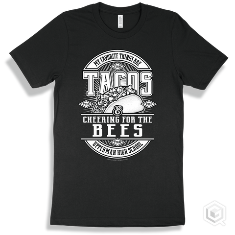 Bee Black T-shirt - My Favorite Things Are Tacos and Cheering for the Upperman High School Bees Design