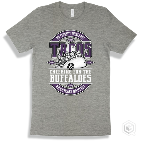 Buffalo Athletic Heather T-shirt - My Favorite Things Are Tacos and Cheering for the Arkansas Baptist Buffaloes Design