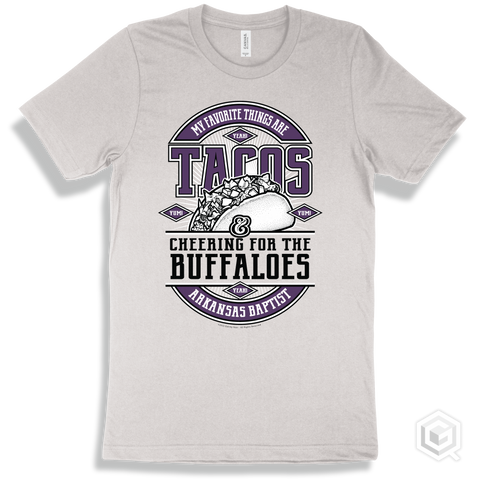 Buffalo White T-shirt - My Favorite Things Are Tacos and Cheering for the Arkansas Baptist Buffaloes Design