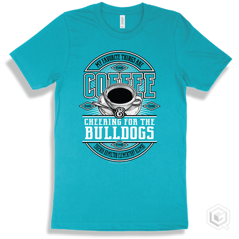 Bulldog Turquoise T-shirt - My Favorite Things Are Coffee and Cheering for the Eugenia Hamilton Elementary Alumni Bulldogs Design