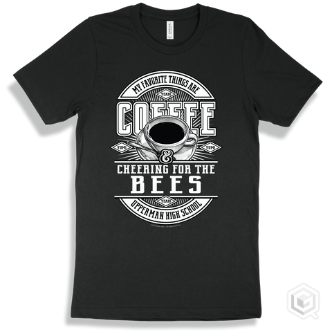 Bee Black T-shirt - My Favorite Things Are Coffee and Cheering for the Upperman High School Bees Design