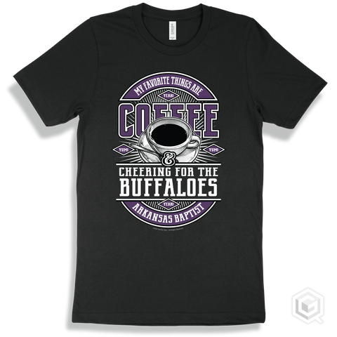 Buffalo Black T-shirt - My Favorite Things Are Coffee and Cheering for the Arkansas Baptist Buffaloes Design