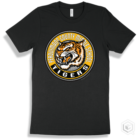 Perquimans County Middle School Tigers Black T-Shirt - Mascot Circle Design