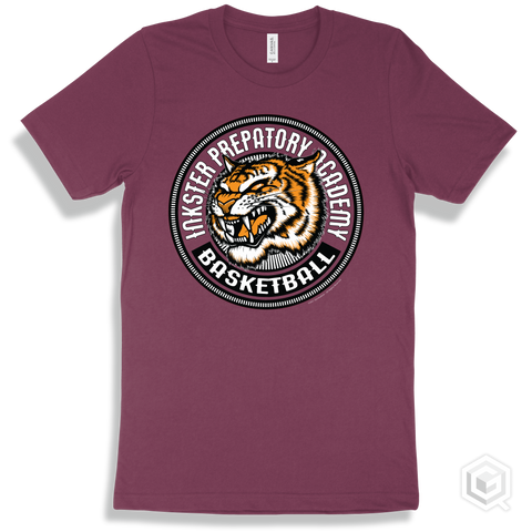 Inkster Prepatory Academy Tigers Maroon T-Shirt - Mascot Circle Basketball Design