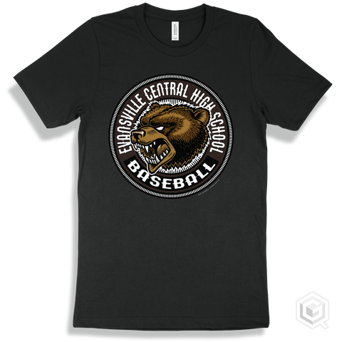 Evansville Central High School Bears Black T-Shirt - Mascot Circle Baseball Design