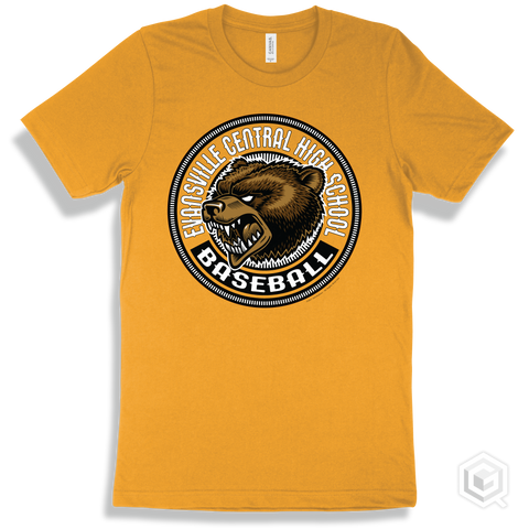 Evansville Central High School Bears Gold T-Shirt - Mascot Circle Baseball Design