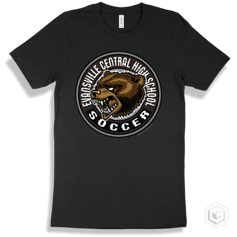 Evansville Central High School Bears Black T-Shirt - Mascot Circle Soccer Design
