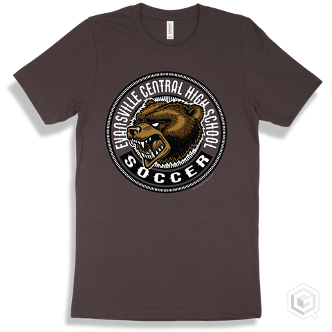 Evansville Central High School Bears Brown T-Shirt - Mascot Circle Soccer Design