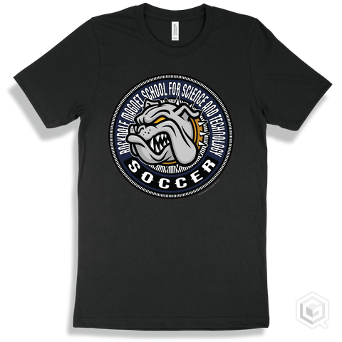 Rockdale Magnet School for Science and Technology Bulldogs Black T-Shirt - Mascot Circle Soccer Design