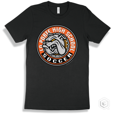 La Porte High School Bulldogs Black T-Shirt - Mascot Circle Soccer Design