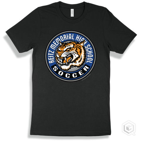 Reitz Memorial High School Tigers Black T-Shirt - Mascot Circle Soccer Design