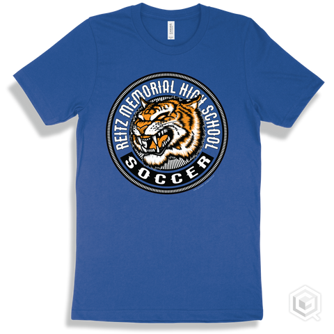 Reitz Memorial High School Tigers True Royal T-Shirt - Mascot Circle Soccer Design
