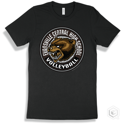 Evansville Central High School Bears Black T-Shirt - Mascot Circle Volleyball Design