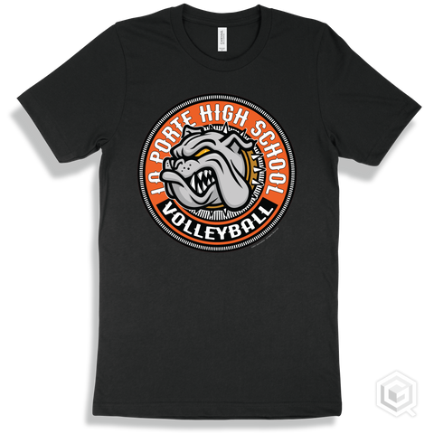 La Porte High School Bulldogs Black T-Shirt - Mascot Circle Volleyball Design