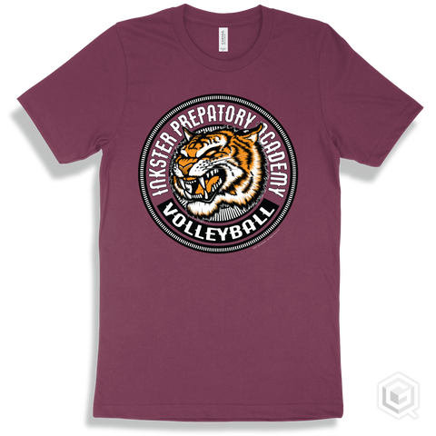 Inkster Prepatory Academy Tigers Maroon T-Shirt - Mascot Circle Volleyball Design