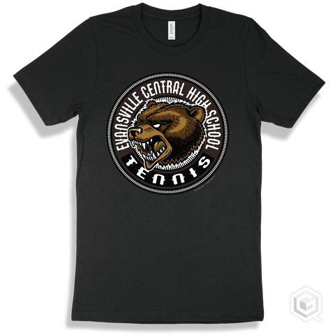 Evansville Central High School Bears Black T-Shirt - Mascot Circle Tennis Design