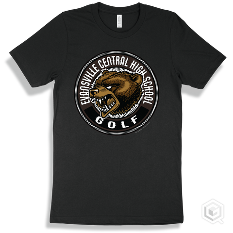 Evansville Central High School Bears Black T-Shirt - Mascot Circle Golf Design