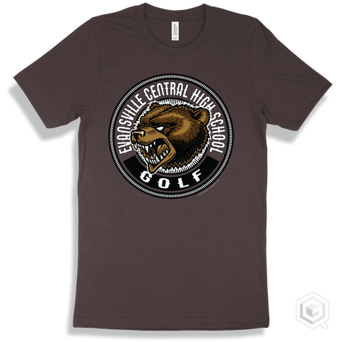 Evansville Central High School Bears Brown T-Shirt - Mascot Circle Golf Design
