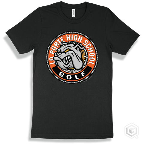 La Porte High School Bulldogs Black T-Shirt - Mascot Circle Golf Design
