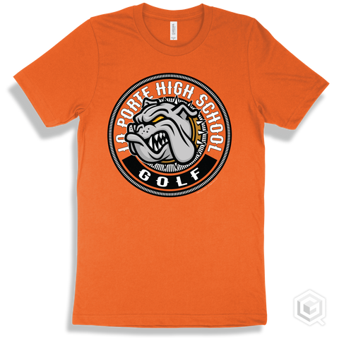 La Porte High School Bulldogs Orange T-Shirt - Mascot Circle Golf Design