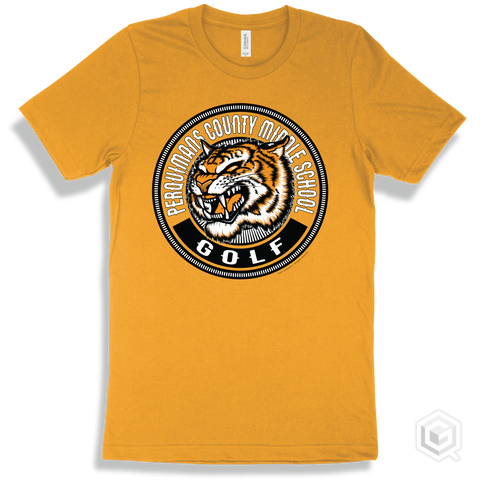 Perquimans County Middle School Tigers Gold T-Shirt - Mascot Circle Golf Design