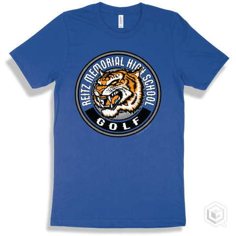 Reitz Memorial High School Tigers True Royal T-Shirt - Mascot Circle Golf Design