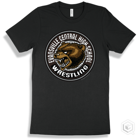 Evansville Central High School Bears Black T-Shirt - Mascot Circle Wrestling Design