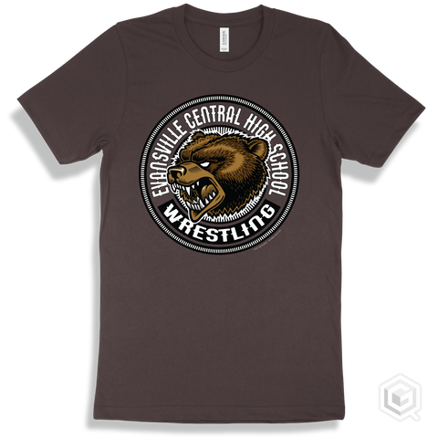 Evansville Central High School Bears Brown T-Shirt - Mascot Circle Wrestling Design