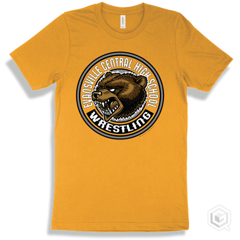 Evansville Central High School Bears Gold T-Shirt - Mascot Circle Wrestling Design