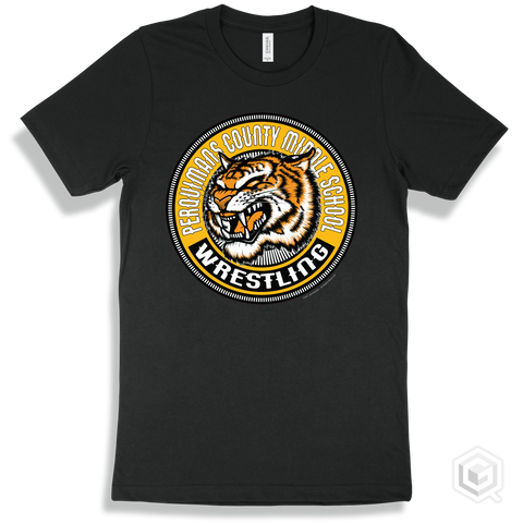 Perquimans County Middle School Tigers Black T-Shirt - Mascot Circle Wrestling Design